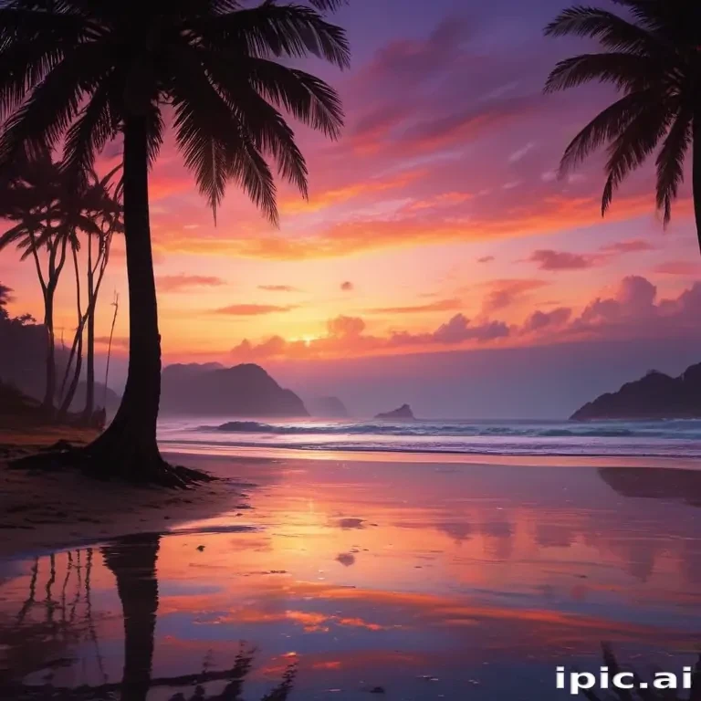 Serene Sunset Over Tropical Beach with Palm Trees and Reflective Water