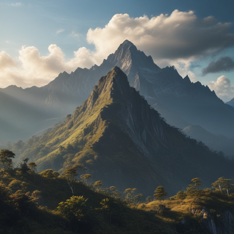 Majestic Mountain Range Bathed in Golden Light Under Dramatic Clouds.