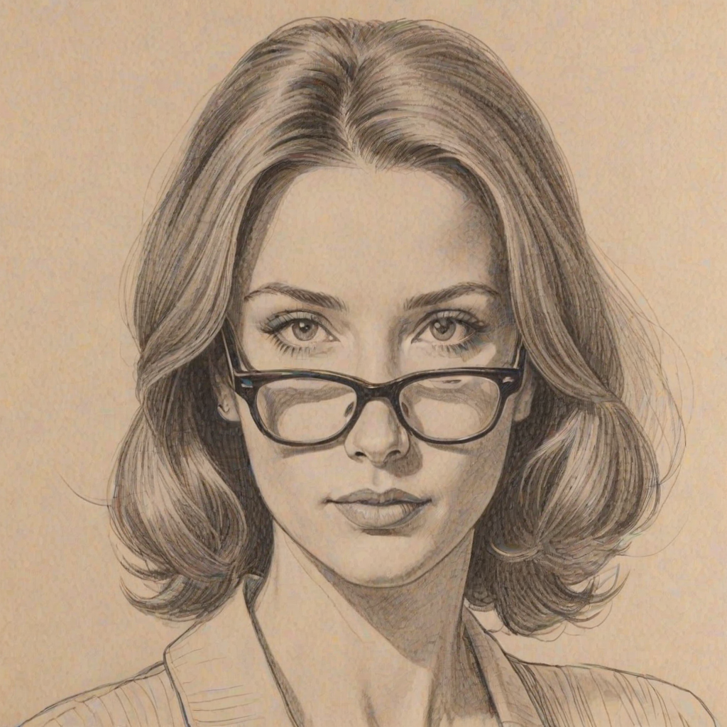Comely Rachel Nichols, pencil sketch, portrait of Fascinating woman 1964s in glasses, hair style beatnik, outline, clear lines, fine lines, 8k