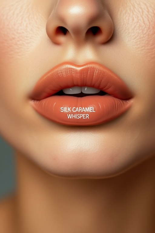 Sleek nude lips with satin finish, expertly sculpted shape enhancing natural contours, effortlessly chic and polished Silk Caramel Whisper aesthetic