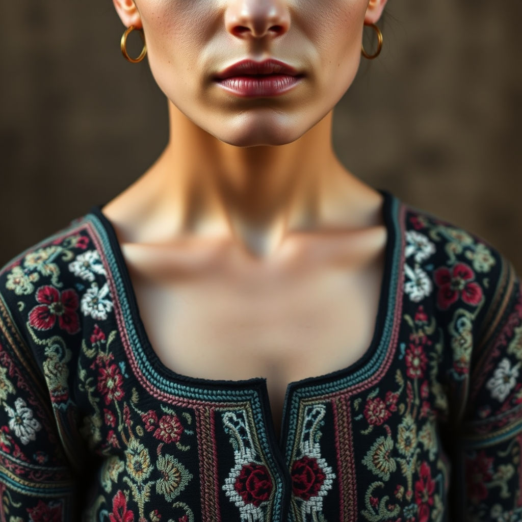 Face, shoulders, chest covered in openwork Tajik embroidery. Raw, unedited image.