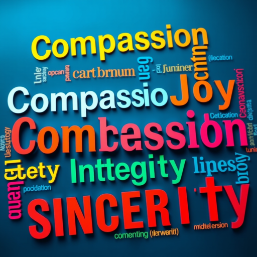 Create a vibrant word cloud featuring the words "Compassion," "Joy," "Integrity," and "Sincerity" prominently, with various colors and fonts, captured with a DSLR camera, aperture f/5.6, ISO 100, 24mm lens, top-down view, high contrast, and vivid saturation.