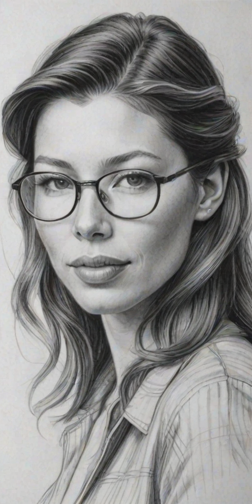 Pleasing Jessica Biel, pencil sketch, portrait of Enchanting woman 1938s in glasses, hair style beatnik, outline, clear lines, fine lines, 8k