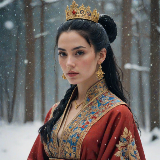 A young woman with long black hair styled in a high bun, adorned with a gold crown and intricate hair ornaments, stares intently at the viewer. She wears a vibrant red and gold embroidered robe with blue accents, a gold belt with a large ornate buckle, and a blue and gold shoulder piece. The woman is positioned in the center of the frame, with the background blurred and filled with falling snow. The image has a soft, ethereal feel with a focus on the woman's face and attire, creating a portrait-like composition. The colors are rich and saturated, with the red, gold, and blue of the clothing standing out against the muted blue and white of the snowy backdrop. The lighting is soft and diffused, casting a warm glow on the woman's face.  The overall mood is elegant and mysterious.  The details of the woman's attire, especially the intricate embroidery and embellishments, add a sense of opulence and grandeur.  The falling snow further enhances the sense of winter magic and wonder.