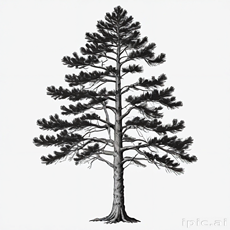 Detailed Illustration of a Majestic Pine Tree Against a White Background