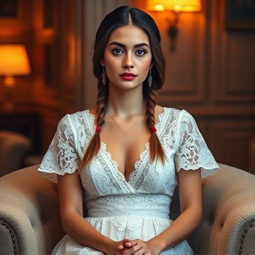 Create a portrait of a refined and elegant Turkish woman seated in a sophisticated setting. She has long, wavy hair styled in two thick braids that are pulled over her shoulders. She wears a white, lace gown with intricate patterns, featuring a deep V-neckline and short sleeves. The dress exudes a vintage charm with its delicate lacework. She is adorned with ornate, dangling earrings that add a touch of glamour to her appearance. The background is softly lit, with warm, ambient lighting that creates a cozy and inviting atmosphere. Her expression is poised and serene, capturing a sense of grace and elegance.