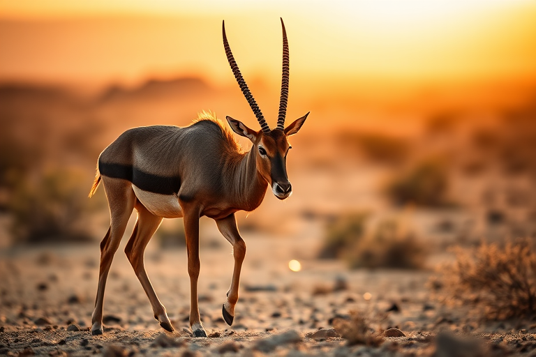 A close-up of an eland antelope walking in a desert landscape during golden hour, using a Canon EOS R5, 85mm lens, f/2.8 aperture, 1/200s shutter speed, ISO 200, shallow depth of field for soft background blur.