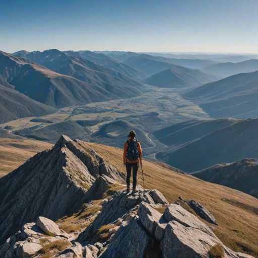 Stunning view from a mountaintop, with sweeping landscapes stretching into the distance, a hiker taking a moment to appreciate the breathtaking scenery under a clear blue sky.