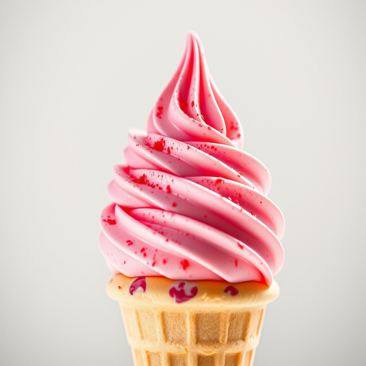 Create a bright and vibrant illustration of a strawberry ice cream cone with a perfect swirl on top, showcasing detailed textures of the ice cream and cone, shot with a Canon EOS 5D Mark IV at f/2.8, ISO 100, 50mm lens, with a shallow depth of field and natural daylight for enhanced image quality.