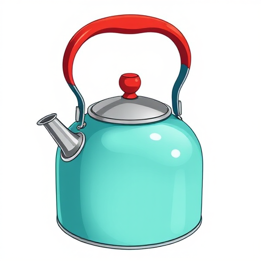 create a colorful illustration of a vintage teal kettle with a red handle and knob on a white background, depth of field effect, aperture f/4, ISO 100, 50mm lens, natural lighting, digital illustration style