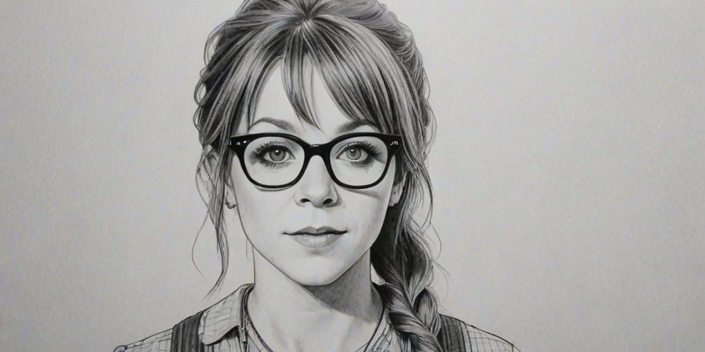 Lovely Lindsey Stirling, pencil sketch, portrait of Wonderful woman 1971s in glasses, hair style beatnik, outline, clear lines, fine lines, 8k