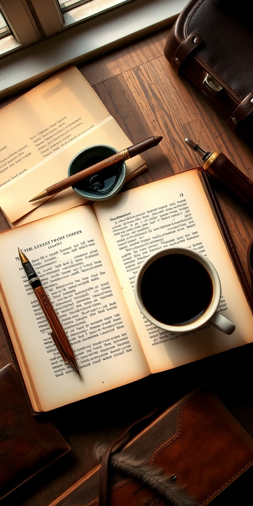 photograph a flat lay composition of an open vintage book with yellowed pages, a cup of black coffee, a wooden pen, a small bowl of ink and quills, a leather-bound notebook, natural light from a window, shot with a DSLR camera at f/2.8, 50mm lens, ISO 100, with a warm color tone and high contrast to enhance details and textures
