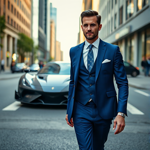 regenerate a sharp and vibrant image of a stylish man in a blue suit walking confidently in a city street, with a sleek sports car in the background, captured with a 50mm lens, aperture f/1.8, ISO 100, in bright daylight, upper angle view, DSLR camera, high dynamic range.