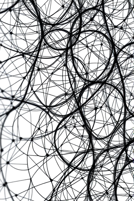 Create an abstract black and white fractal pattern featuring intricate, tangled lines on a white background, captured with a Canon EOS R5, 50mm f/1.2 lens, aperture at f/4, ISO 100, with a soft focus effect and high dynamic range.