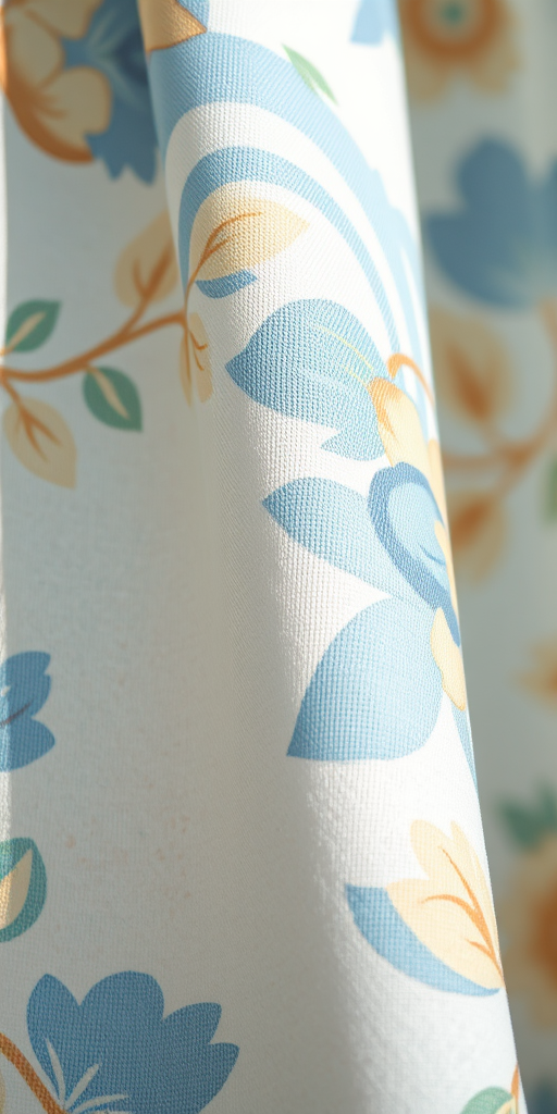 Capture a close-up of delicate floral fabric texture with soft blue and beige hues under natural light, using a Canon EOS R5, 50mm lens, f/2.8 aperture, ISO 100, and 1/200 shutter speed for enhanced detail and clarity.