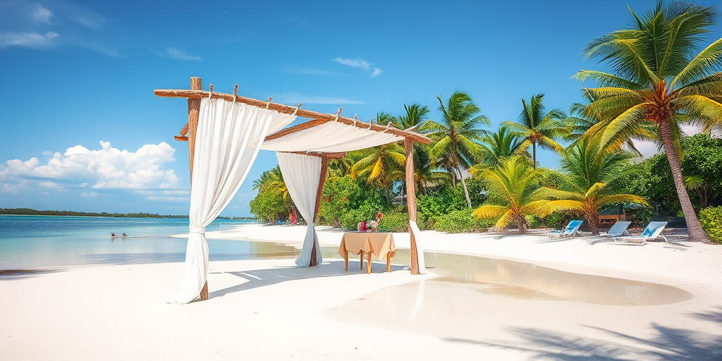 Create a picturesque tropical beach scene featuring a serene, white sandy shore. In the foreground, there's a rustic wooden canopy with white drapes gently flowing in the breeze. Underneath the canopy, a table is set with tropical decor, evoking a sense of relaxation and leisure. The beach extends into a calm, shallow water area with reflections of the sky and surroundings. Palm trees and lush greenery line the edge of the beach, providing a natural, tropical backdrop. The sky is clear with a few scattered clouds, and the overall atmosphere is tranquil and inviting, perfect for a peaceful retreat.