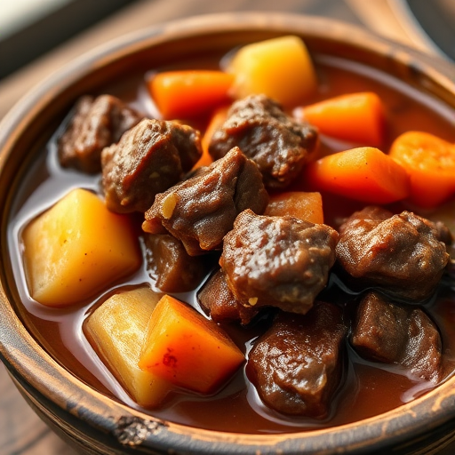 high-quality close-up of a hearty beef stew in a rustic bowl with chunks of beef, carrots, and potatoes, natural lighting, aperture f/2.8, ISO 100, shutter speed 1/125, DSLR camera, 50mm lens, warm color palette