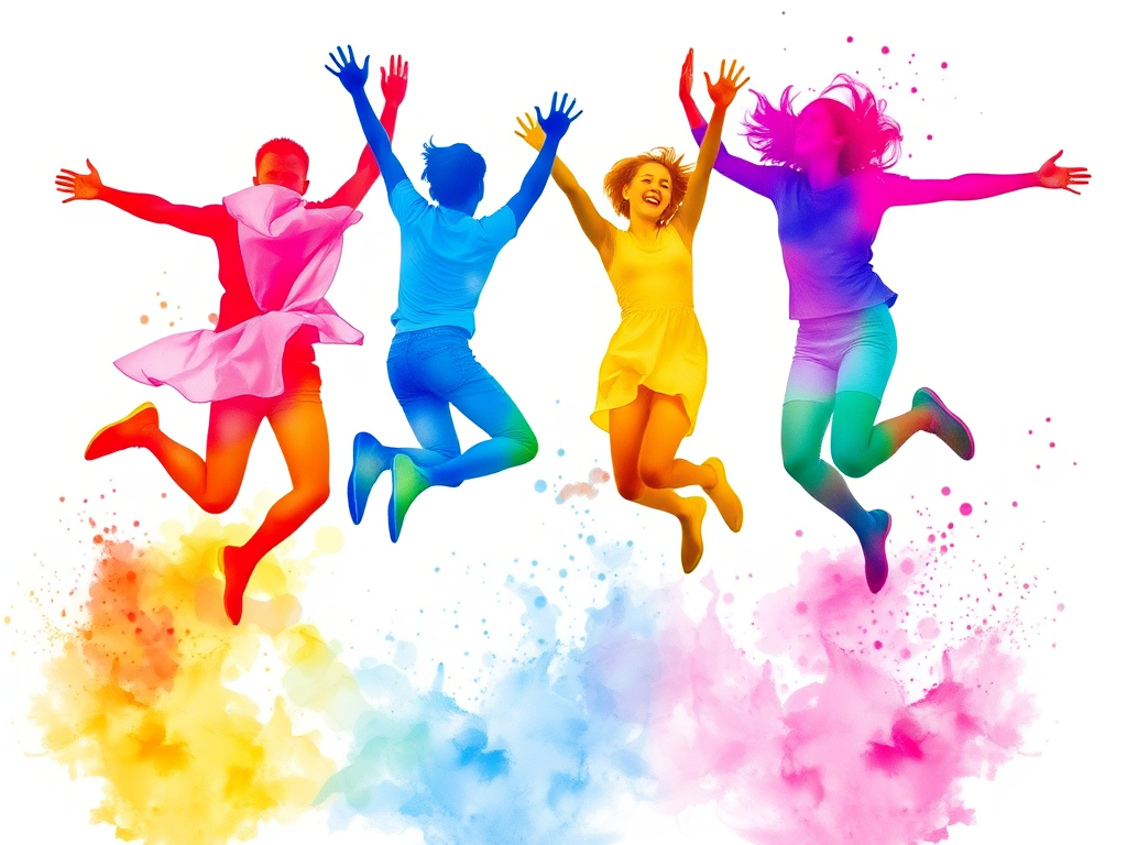 Create an image of four figures jumping in unison, using vibrant watercolor effects with a white background, captured with a Canon EOS R5, 50mm lens, f/1.8 aperture, ISO 200, and a soft focus style to enhance color blending and vibrancy.