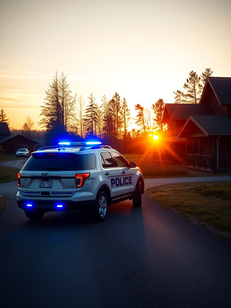 Generate an image of a police SUV parked on a rural road near wooden houses during sunset, with its blue lights flashing, shot with a Canon EOS R5, 24mm lens at f/4, ISO 100, 1/200s, using a warm color palette to enhance the golden hour glow.