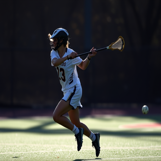 A dynamic silhouette of a lacrosse player in motion, capturing the action of a shot, with a focus on the stick and ball, shot with a DSLR camera at 50mm, f/2.8 aperture, ISO 100, with a shallow depth of field to blur the background for emphasis on the player.