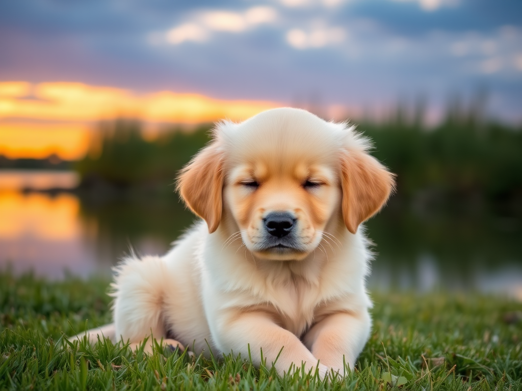 A fluffy golden retriever puppy sitting peacefully on green grass near a calm lake during sunset with its eyes closed and a serene expression.
