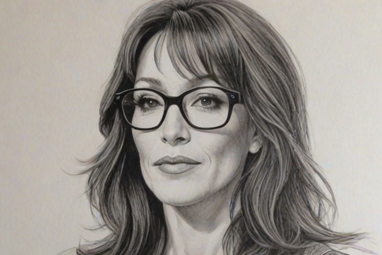 Resplendent Katey Sagal, pencil sketch, portrait of Wonderful woman 1968s in glasses, hair style beatnik, outline, clear lines, fine lines, 8k