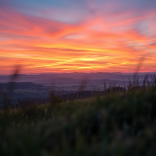 Generate a high-resolution image of a serene landscape at sunset with vibrant colors, using a Canon EOS R5 camera, 50mm lens, aperture f/1.8, ISO 200, shutter speed 1/100 sec, in landscape orientation, with a focus on foreground detail and a shallow depth of field.