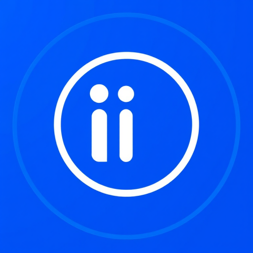 Create a high-resolution circular icon with a blue background and a stylized white letter "i" in the center, using a Canon EOS 5D Mark IV camera with an aperture of f/2.8, ISO 100, and a focal length of 50mm, shot from a straight-on view to emphasize clarity and detail.