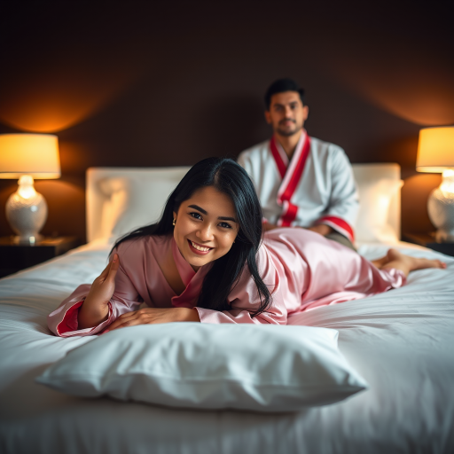 A man and a woman are lying on a bed in a dimly lit bedroom. The woman is in the foreground, lying on her stomach and looking directly at the viewer with a smile. She is wearing a pink silk robe and has long black hair. The man is sitting up in the background, looking directly at the viewer with a neutral expression. He is wearing a white silk robe with a red trim and has short black hair. The bed is white and has a white pillow at the head of the bed. There are two lamps on nightstands on either side of the bed, and the walls are a dark brown. The overall atmosphere is warm and inviting, with a soft focus on the subjects.