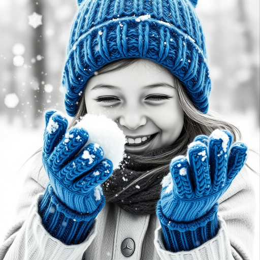 A hyperdetailed photorealistic macro image black and white pencil sketch of a young girl getting hit by a snowball during a snowball fight. She is wearing a brilliant sapphire blue wool beanie and bright blue mittens. She is trying to block the snowball by putting her hands up. The snowball hits her beanie and disintegrates into myriad tiny snowflakes caught with high speed photography. The girl is laughing and having a wonderful time.