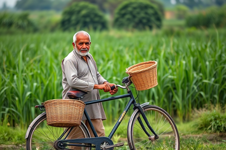 Capture a serene rural scene featuring an elderly man in traditional attire holding a bicycle adorned with woven baskets, set against a lush green backdrop, using a DSLR camera with a 50mm f/1.8 lens at ISO 200, aperture f/2.8, and a shutter speed of 1/250s, in natural light.