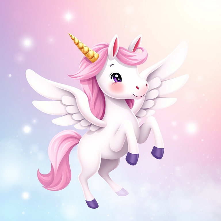Create a whimsical illustration of a unicorn with wings, featuring a soft pastel color palette, in a playful pose, with a shimmering background, captured using a Canon EOS R5 at f/2.8, 1/200s, ISO 100, in portrait orientation for enhanced detail and depth.