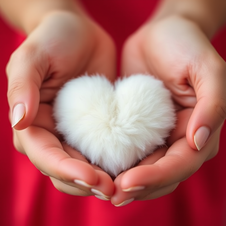 a soft fluffy white heart held in two hands against a solid red background, shallow depth of field, aperture f/2.8, ISO 100, 50mm lens, natural light, close-up shot, high-resolution, vibrant colors, soft focus on the background
