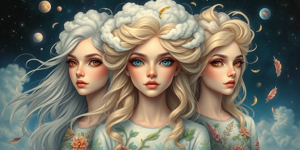 Create a series of imaginative portraits where each subject is infused with elements of fantasy and nature. The hair of the individuals should flow like clouds, varying from soft, fluffy cumulus to wispy cirrus strands, with hints of color reflecting a sunset or a clear blue sky. The eyes should be windows to entire galaxies, with stars, nebulae, and distant planets visible within them. Clothing should be adorned with nature motifs, such as floral patterns that bloom and change, vines that seem to grow and wrap around, or feathers that shimmer with iridescence. Each portrait should capture a unique personality, blending human features with the ethereal beauty of the natural and cosmic world. The backgrounds can vary, from starry night skies to enchanted forests, adding depth and context to the magical realism of the portraits