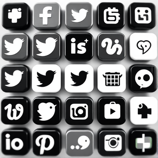 Create an image of social media icons in black and white, arranged in a grid format, with a clean, modern aesthetic; use a DSLR camera with a 50mm lens, aperture set to f/2.8, ISO 100, and a shallow depth of field to enhance clarity.