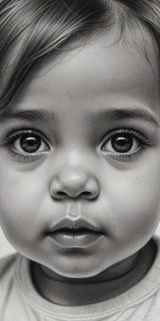 A hyperdetailed photorealistic black and white sketch of a beautiful toddler with deep black eyes, with a macro focus
