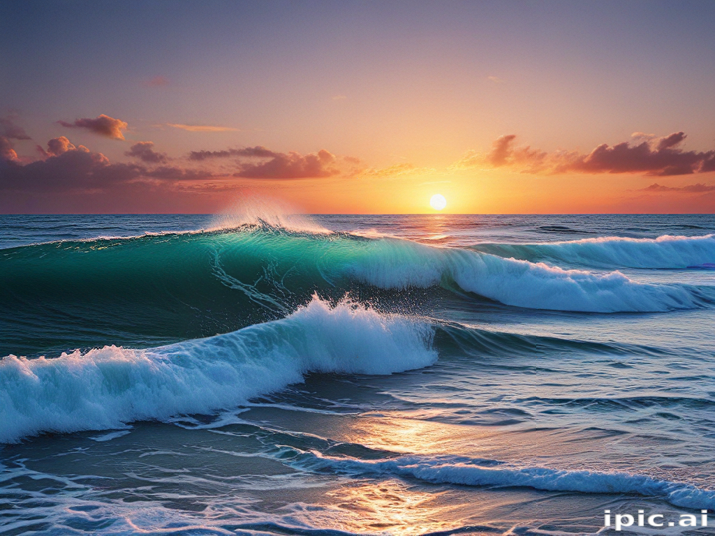 Majestic Waves Crashing Against the Shore at Sunset's Golden Hour