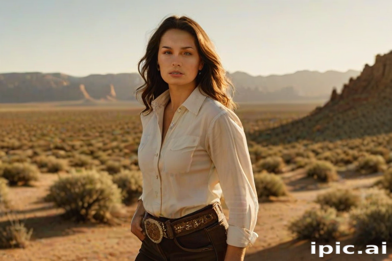 Dramatic photo of a beautiful Western American woman, classic cowboy attire, confident and free spirit expression, half-length portrait, centered, golden hour desert landscape, warm, diffused light, low angle, medium format film camera, in style of Annie Leibovitz.