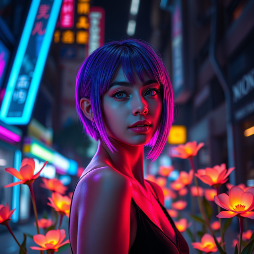 Create an image of a young woman with short, vibrant purple hair, illuminated by neon lights in a futuristic urban environment, featuring glowing flowers around her, shot in portrait mode with a Canon EOS R5, 85mm lens, f/1.2 aperture, ISO 100, and a low-light setting for enhanced color contrast and sharpness.