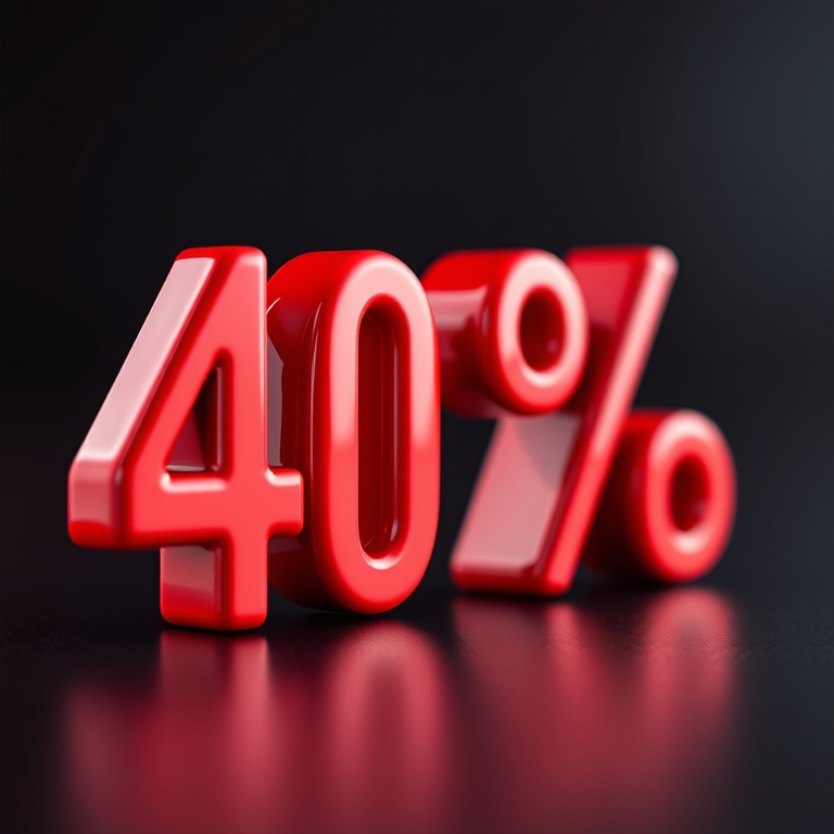 Create a 3D text representation of "40%" with a glossy red finish, using a DSLR camera with a 50mm lens, aperture f/2.8, ISO 100, and a shallow depth of field to focus on the text while blurring the background.