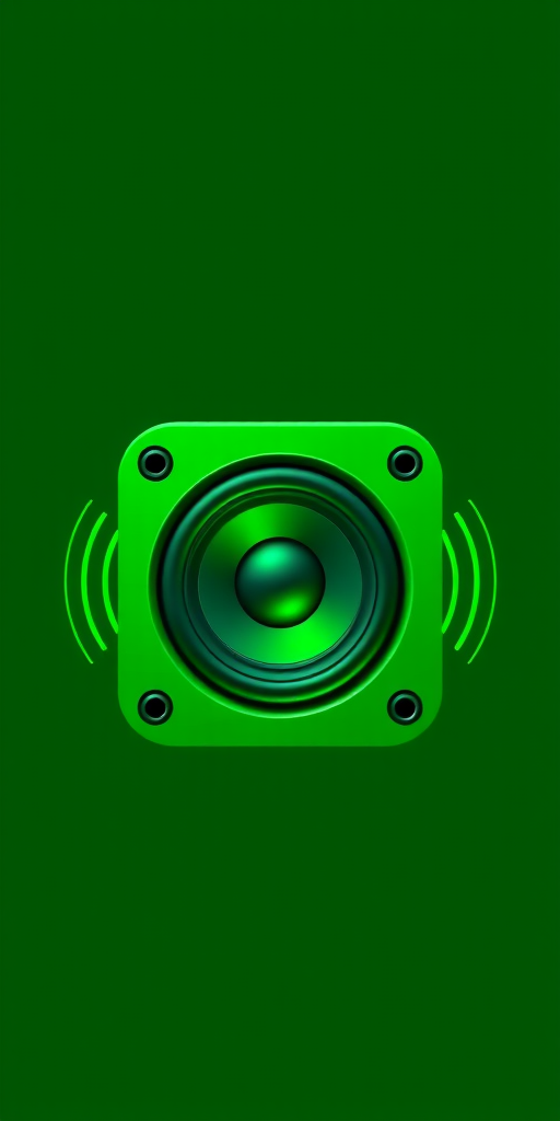 Create a high-resolution image of a green speaker icon with sound waves emanating from it, using a Canon EOS 5D Mark IV, f/8 aperture, ISO 100, 50mm lens, shot from a frontal view in a clean, minimalistic style.