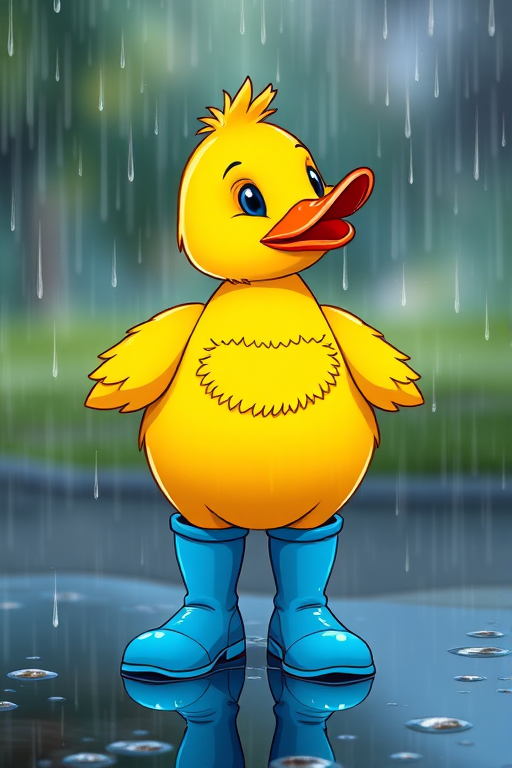 generate a colorful cartoon image of a yellow duck standing in rain with blue boots, background of raindrops and a puddle, realistic lighting, camera settings: f/5.6, 1/60 sec, ISO 400, camera view: eye-level, camera style: vibrant colors, camera type: digital illustration.