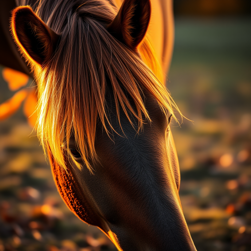 a close-up of a grazing horse with a focus on its head and mane, golden hour lighting, shallow depth of field, ISO 100, f/2.8 aperture, 50mm lens, DSLR camera, warm color tones, natural setting with autumn leaves in soft focus in the background