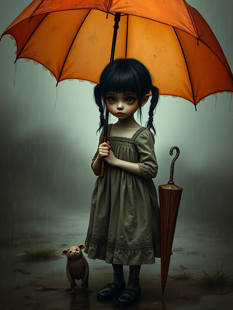 An eerie, weird little girl with dark hair in thin pigtails, wearing a smock dress, standing in the rain, holding a dirty orange umbrella, a small, odd creature beside her. In a surreal style inspired by Nicoletta Ceccoli and Brian Froud. Dark fantasy themes