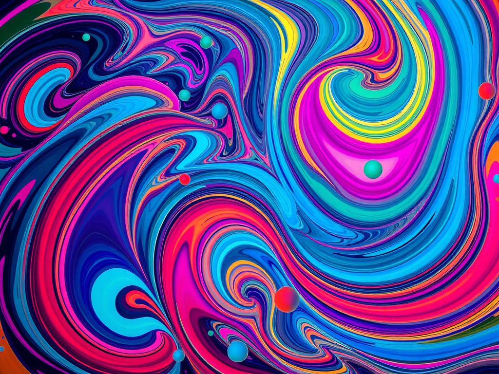 Create a vibrant abstract design featuring swirling colors and geometric shapes, shot with a Canon EOS R5 at f/8, ISO 100, using a wide-angle lens to capture more detail, with a high dynamic range to enhance colors and contrast.