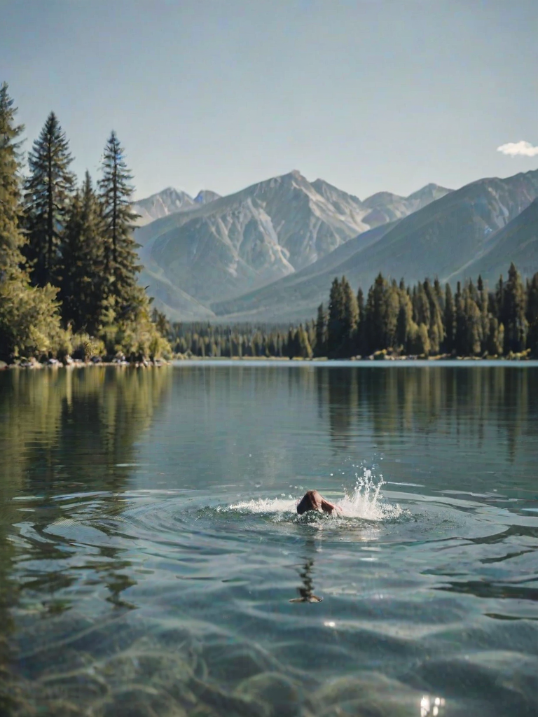 Blurry action shot of a swimmer diving into a crystal-clear lake, water splashing in all directions, with distant trees and mountains reflected on the surface.