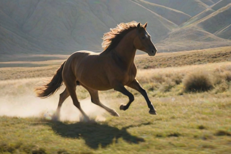 Blurry action shot of a horse galloping through a grassy field, mane flowing in the wind, rider holding the reins tightly, sunlight casting long shadows on the ground, distant mountains in the background, soft dust kicked up by the horse's hooves.