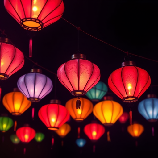 Create a digital illustration of vibrant hanging lanterns in diamond shapes with a dark background, using high resolution, 50mm lens, f/4 aperture, ISO 100, and a soft-focus style.