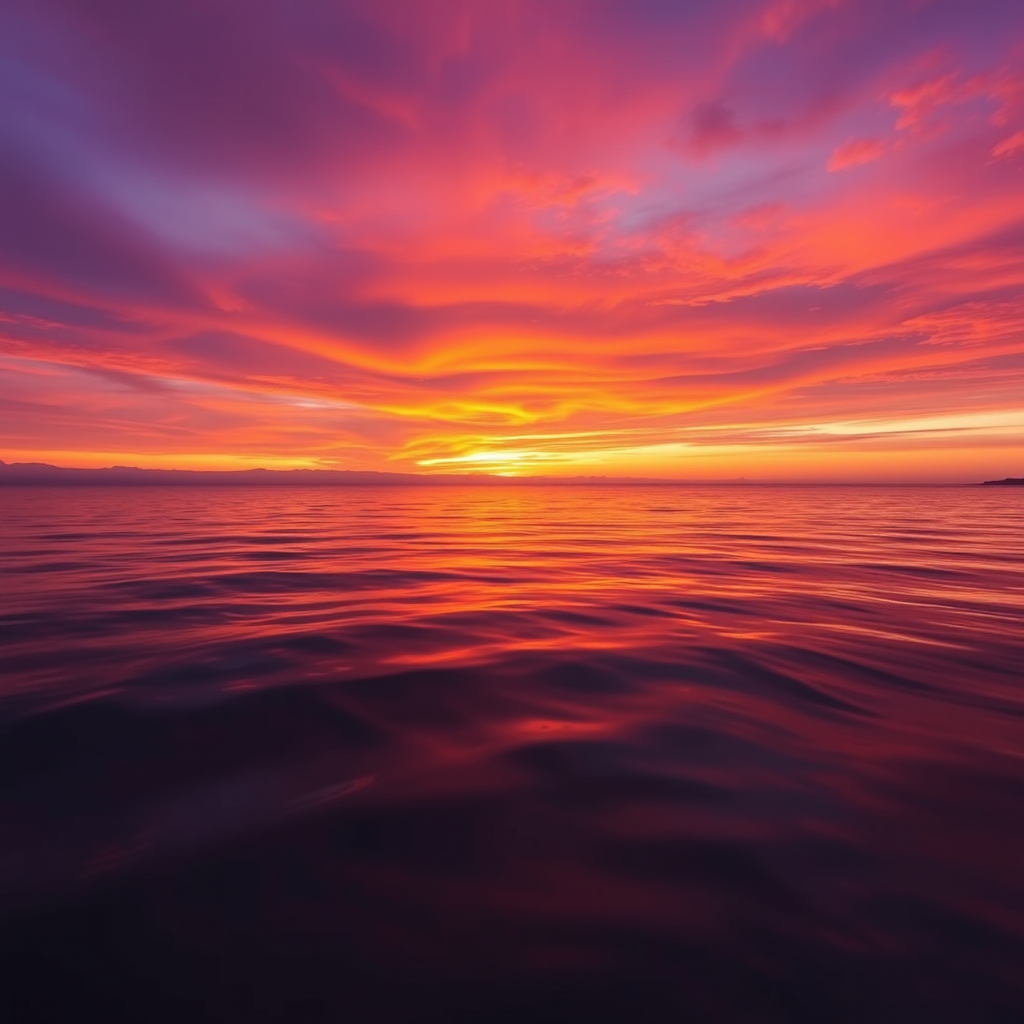 Generate an image of a sunset over a calm ocean reflecting vibrant orange and purple hues, shot with a Canon EOS 5D Mark IV, 50mm lens, aperture f/1.8, ISO 100, using a wide-angle view for a panoramic effect.