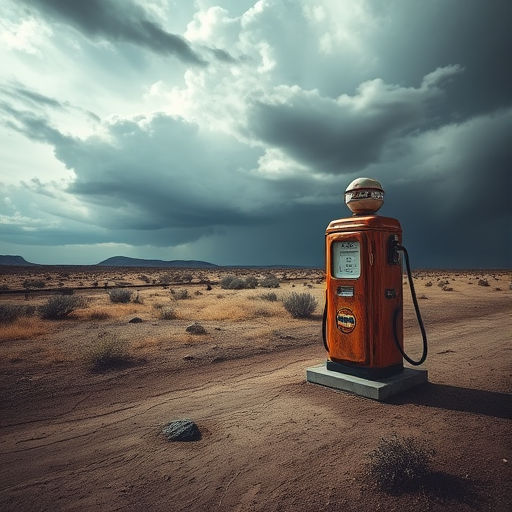 a desolate landscape with a vintage gas pump standing alone in a dusty terrain under a stormy sky, camera settings: f/8, ISO 100, 1/125s, camera view: wide angle, camera style: dramatic lighting with high contrast, camera type: digital DSLR